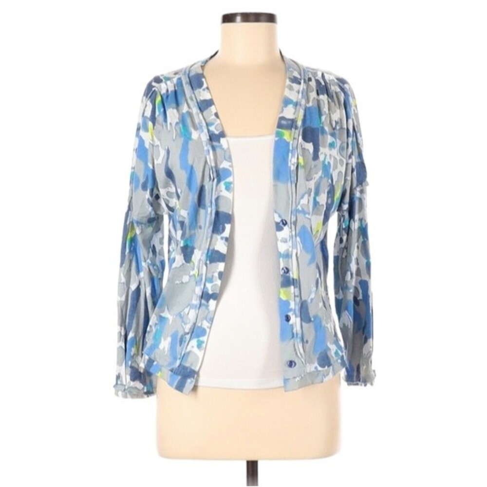 Anthro Gregory Cardigan Size M Blue Gray White Abstract Costal Grandma Feminine